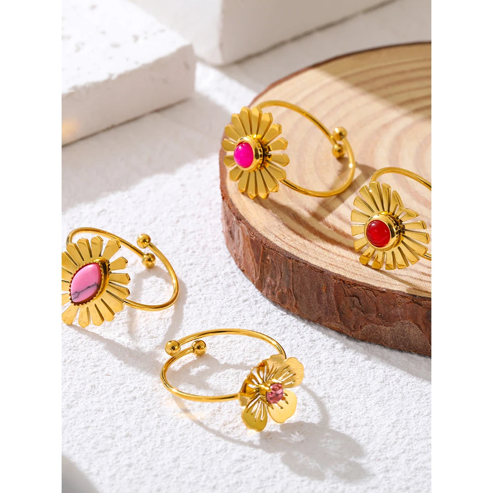 YACHAN Luxury Pink Natural Stone Stainless Steel Rings for Women Geometric Heart Flower Charming Chic Jewelry