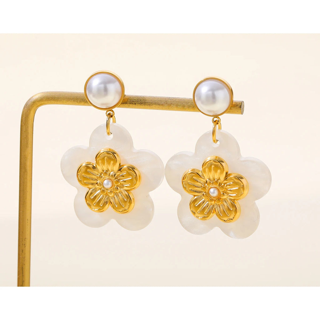 YACHAN New in 18K Gold Plated Stainless Steel Drop Earrings for Women Acrylic Flower Pearl Luxury Jewelry Waterproof