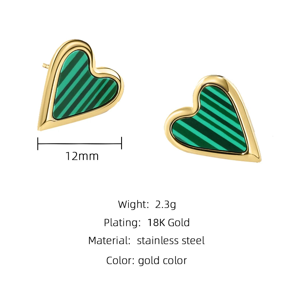 YACHAN Korean Heart Stainless Steel Stud Earrings Vintage Green Natural Stone Romantic Cute Jewelry for Women