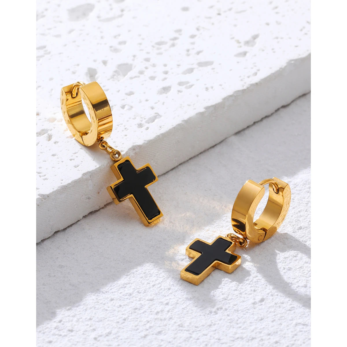 YACHAN Classic Cross Stainless Steel Drop Earrings for Women Black Acrylic Charm Huggie Earring Faith Jewelry Waterproof