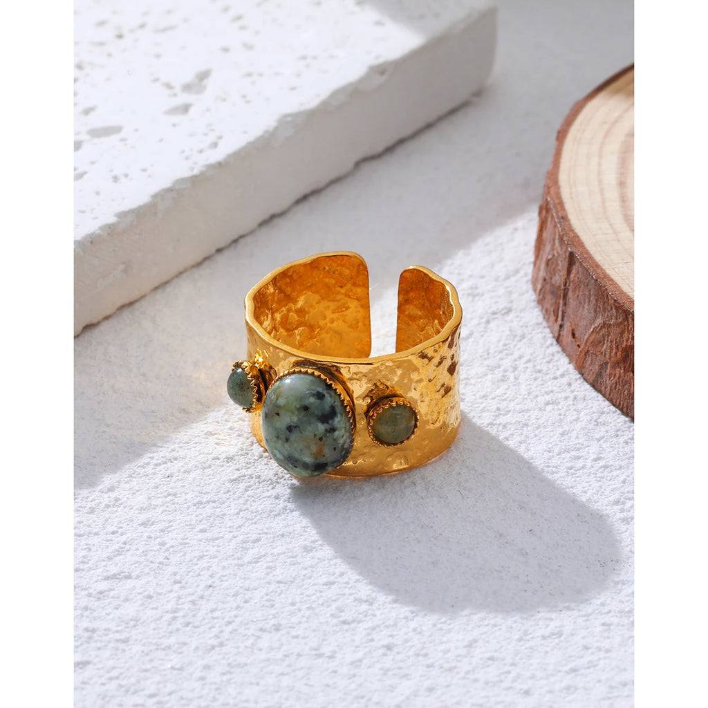 YACHAN 18K Gold Plated Stainless Steel Rings for Women Vintage Luxury Green Natural Stone Irregular Texture Trendy Jewelry