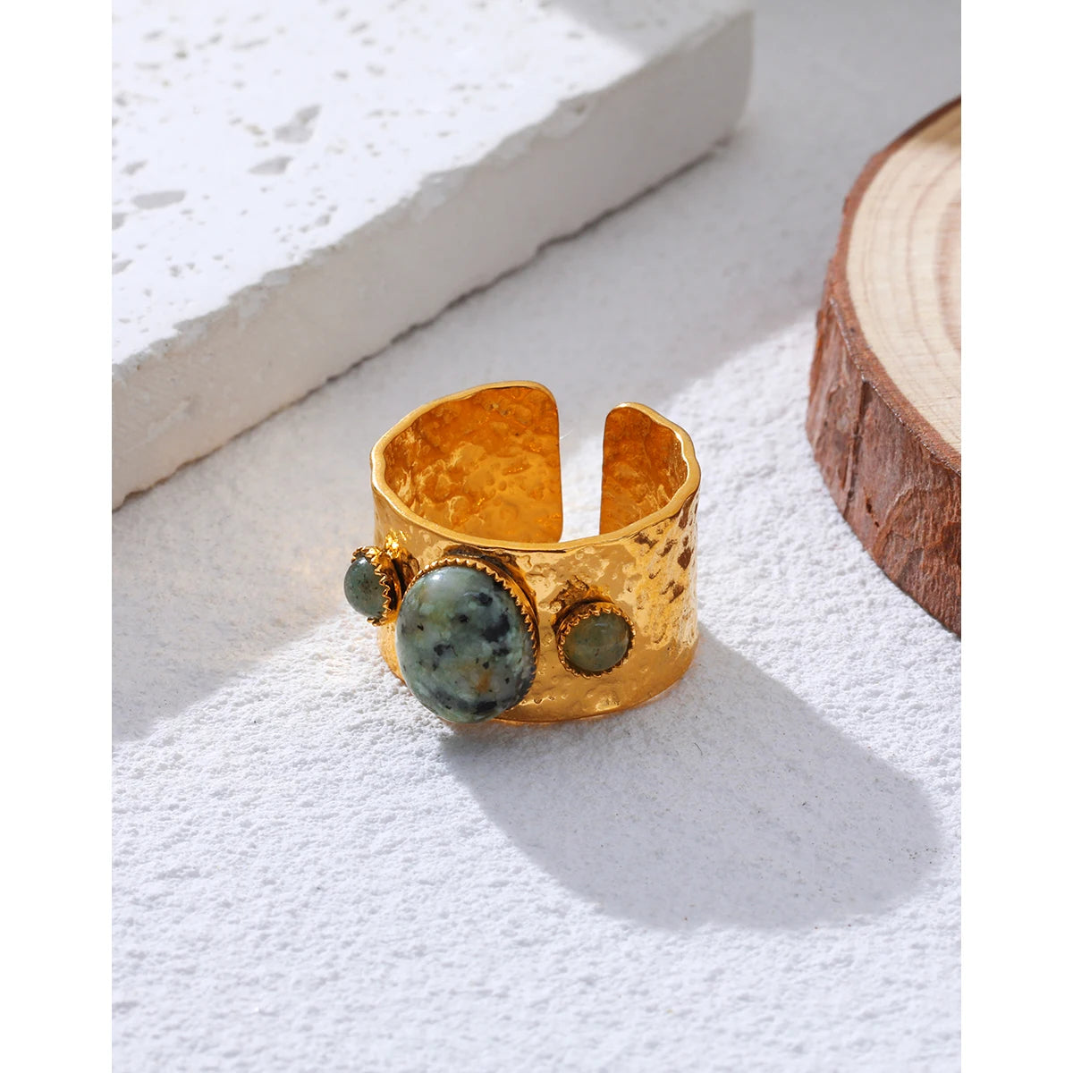 YACHAN 18K Gold Plated Stainless Steel Rings for Women Vintage Luxury Green Natural Stone Irregular Texture Trendy Jewelry