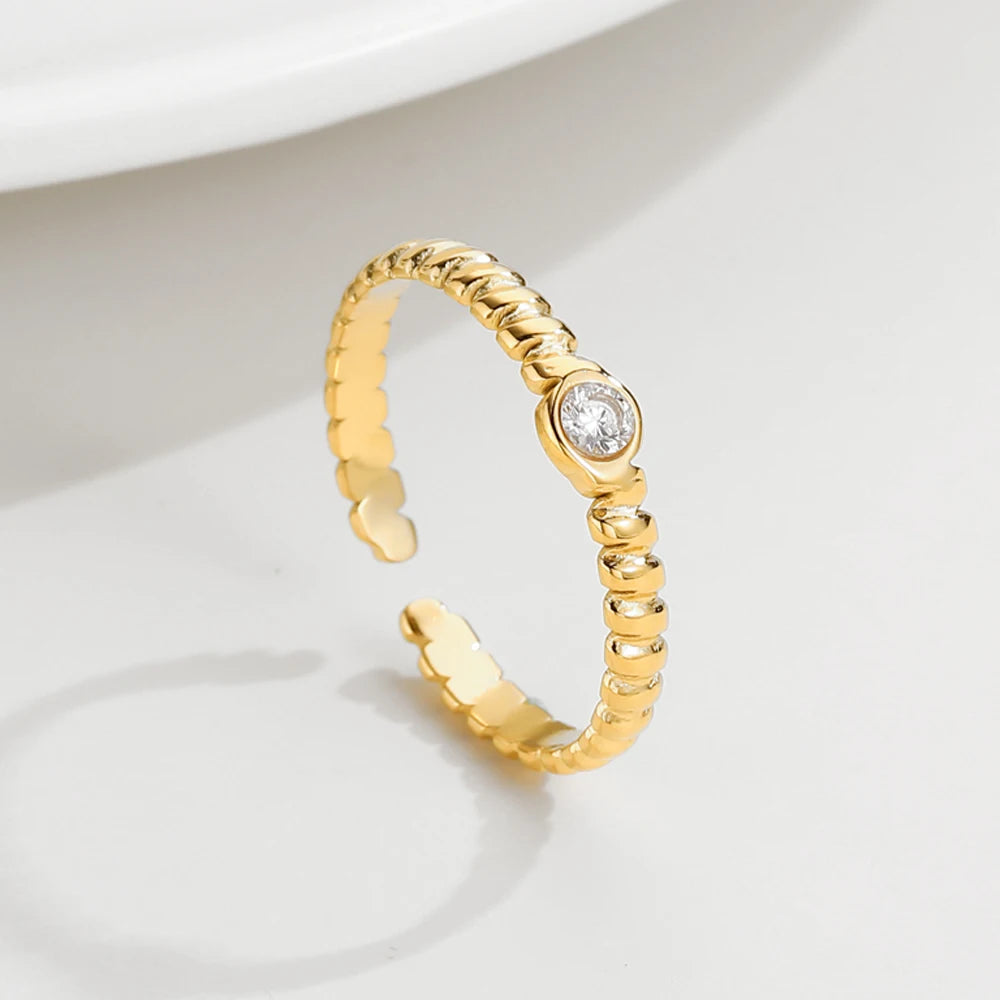 YACHAN Stainless Steel Gold Plated Cubic Zirconia Rings for Women Adjustable Opening Simple Irregular Shape Ring Trendy Jewelry