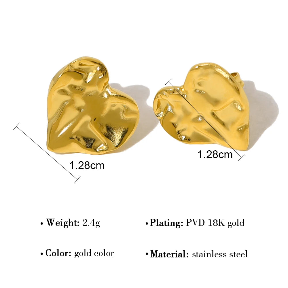 YACHAN Stainless Steel Love Heart Stud Earrings for Women Irregular Metal Texture Trendy Vintage Waterproof Jewelry