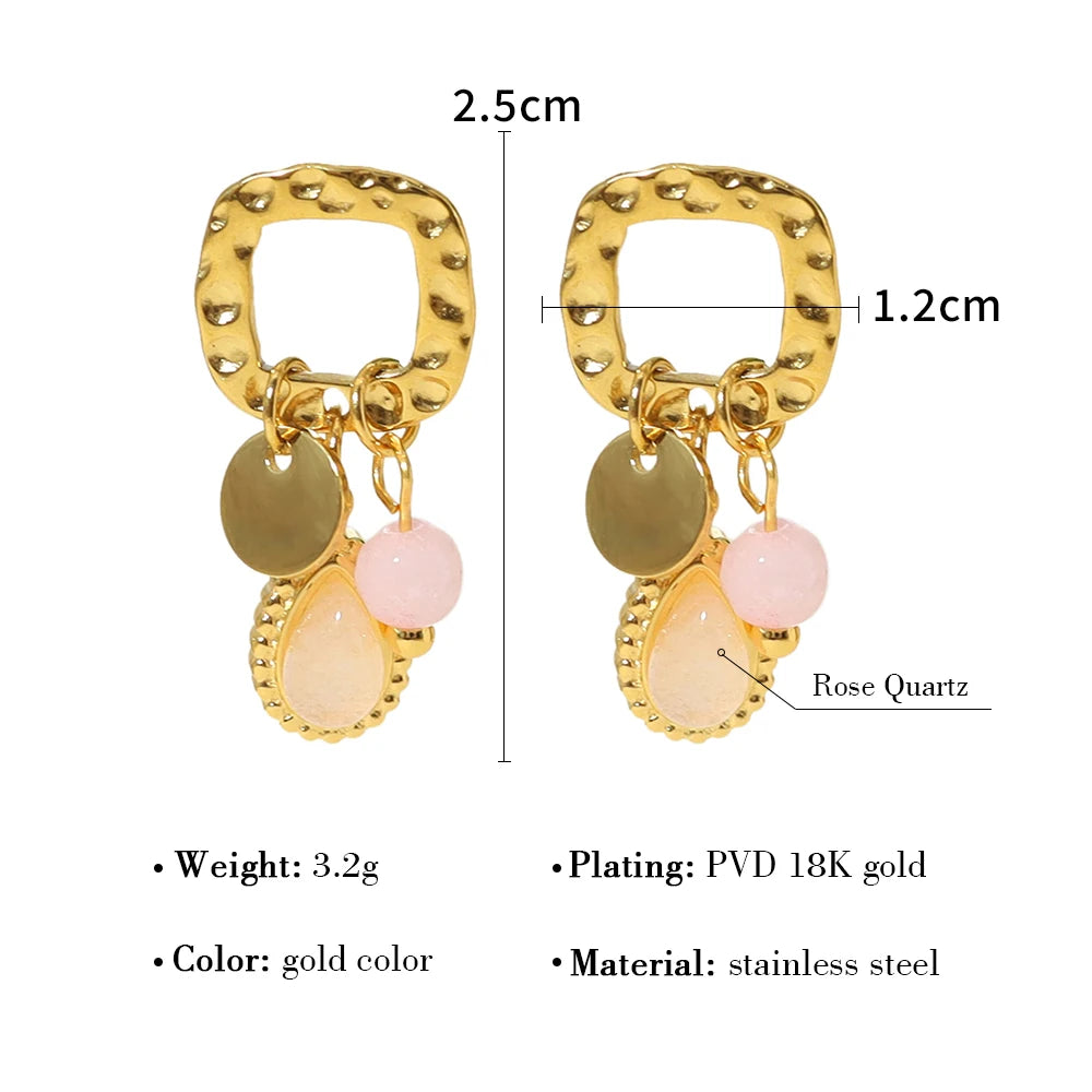 YACHAN 18K Gold Plated Stainless Steel Natural Stone Drop Earrings for Women Chic Cute Pink Charms Tarnish Free Jewelry
