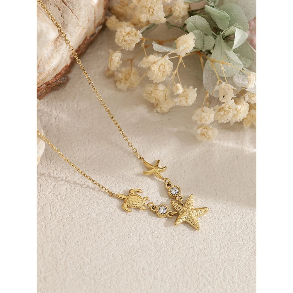 YACHAN Waterproof 18K Gold Plated Stainless Steel Ocean Beach Pendant Necklace for Women Turtle Starfish Charm Jewelry
