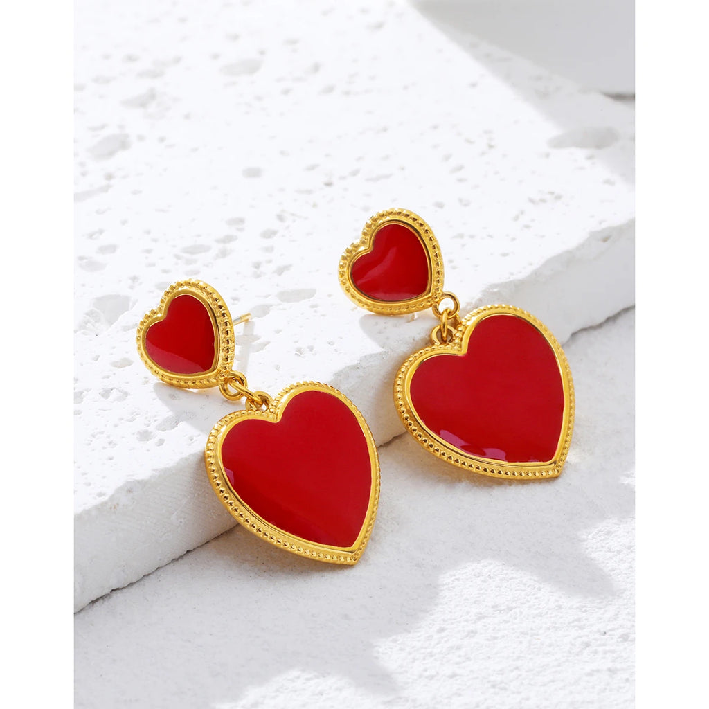 YACHAN Red Enamel Heart Stainless Steel Drop Earrings for Women Chic 18K Gold Plated Dangle Earring Waterproof Jewelry