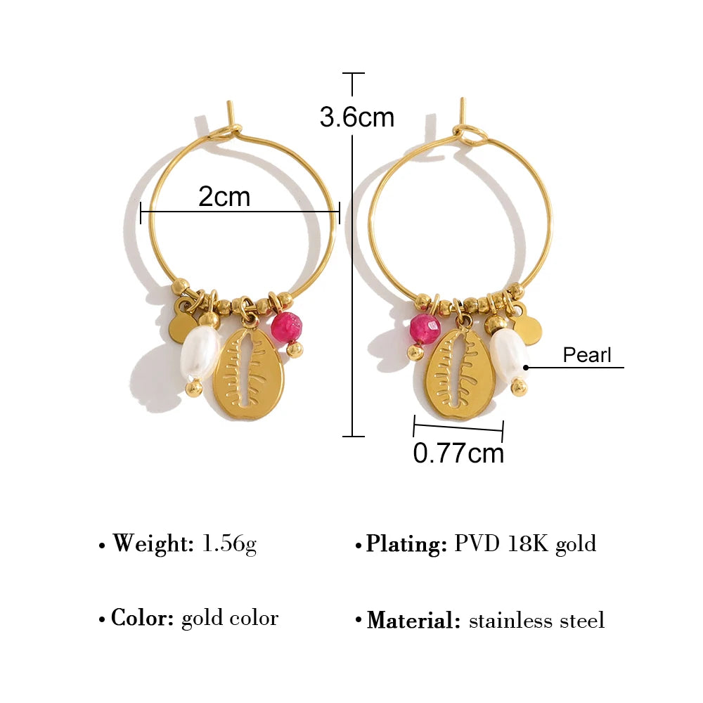 YACHAN 18K Gold Plated Stainless Steel Hoop Earrings for Women Vintage Chic Shell Pearl Charms Trendy Waterproof Jewelry