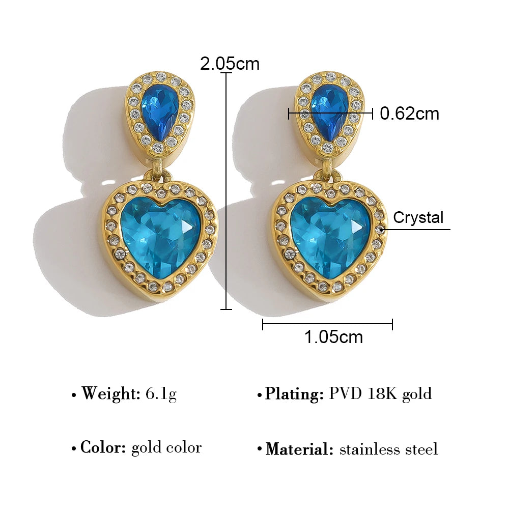 YACHAN Vintage Elegant Blue Crystal Heart Drop Earrings for Women Chic 18K Gold Plated Stainless Steel Trendy Jewelry