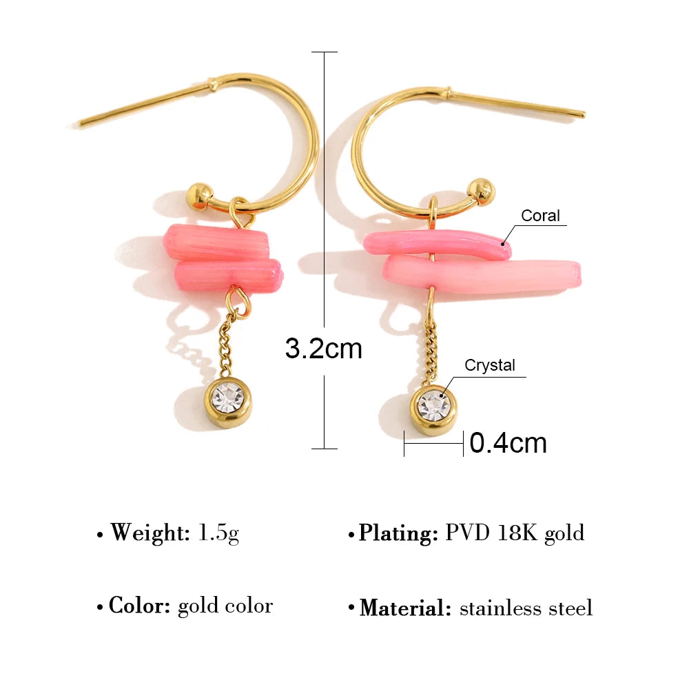 YACHAN Irregular Pink Coral Irregular Dangle Earrings for Women Trendy Elegant Charm 18K Gold Plated Stainless Steel Jewelry
