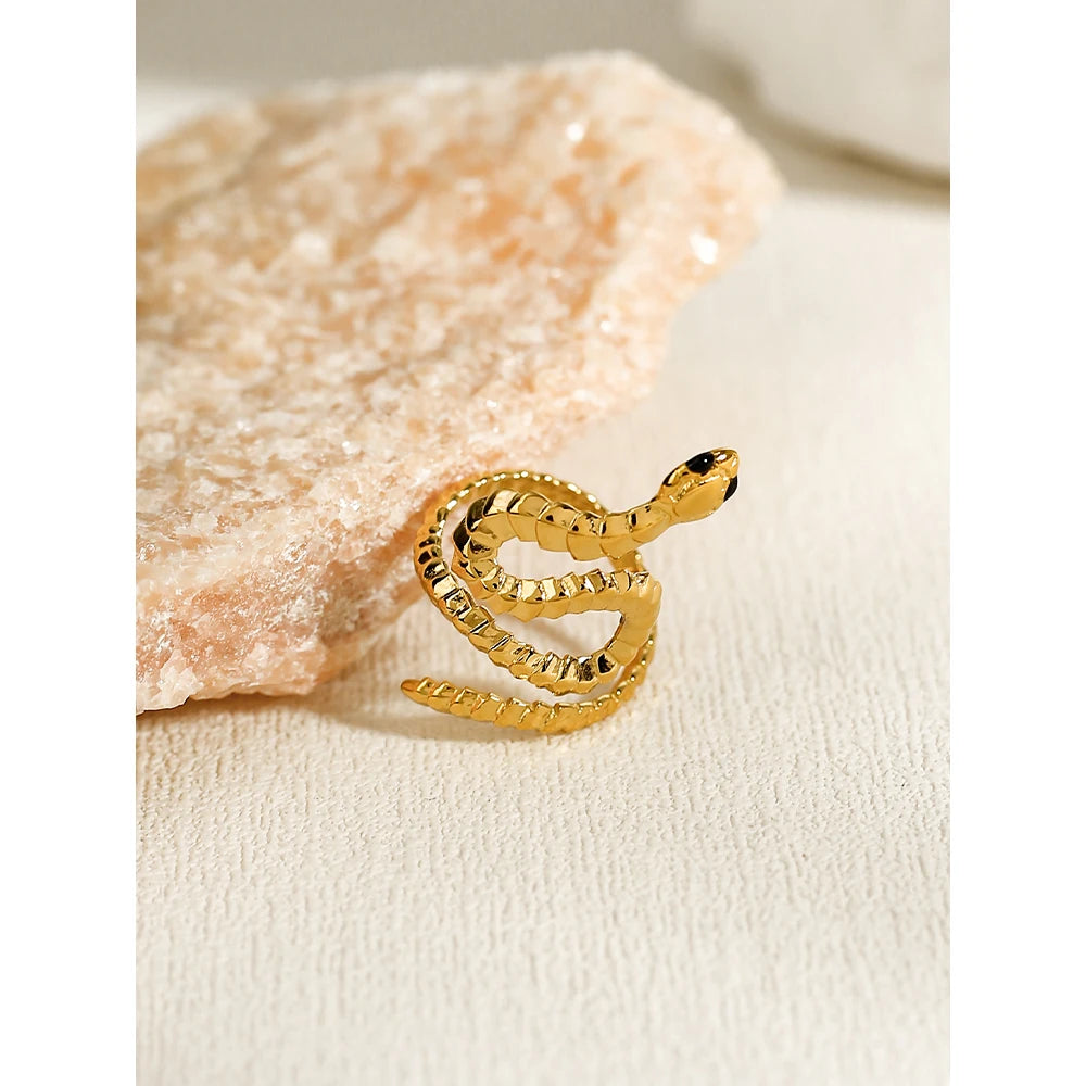 YACHAN NEW in 18K Gold Plated Stainless Steel Snake Rings for Women Trendy Statement Adjustable Ring Waterproof Jewelry