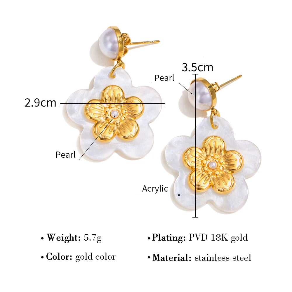 YACHAN New in 18K Gold Plated Stainless Steel Drop Earrings for Women Acrylic Flower Pearl Luxury Jewelry Waterproof
