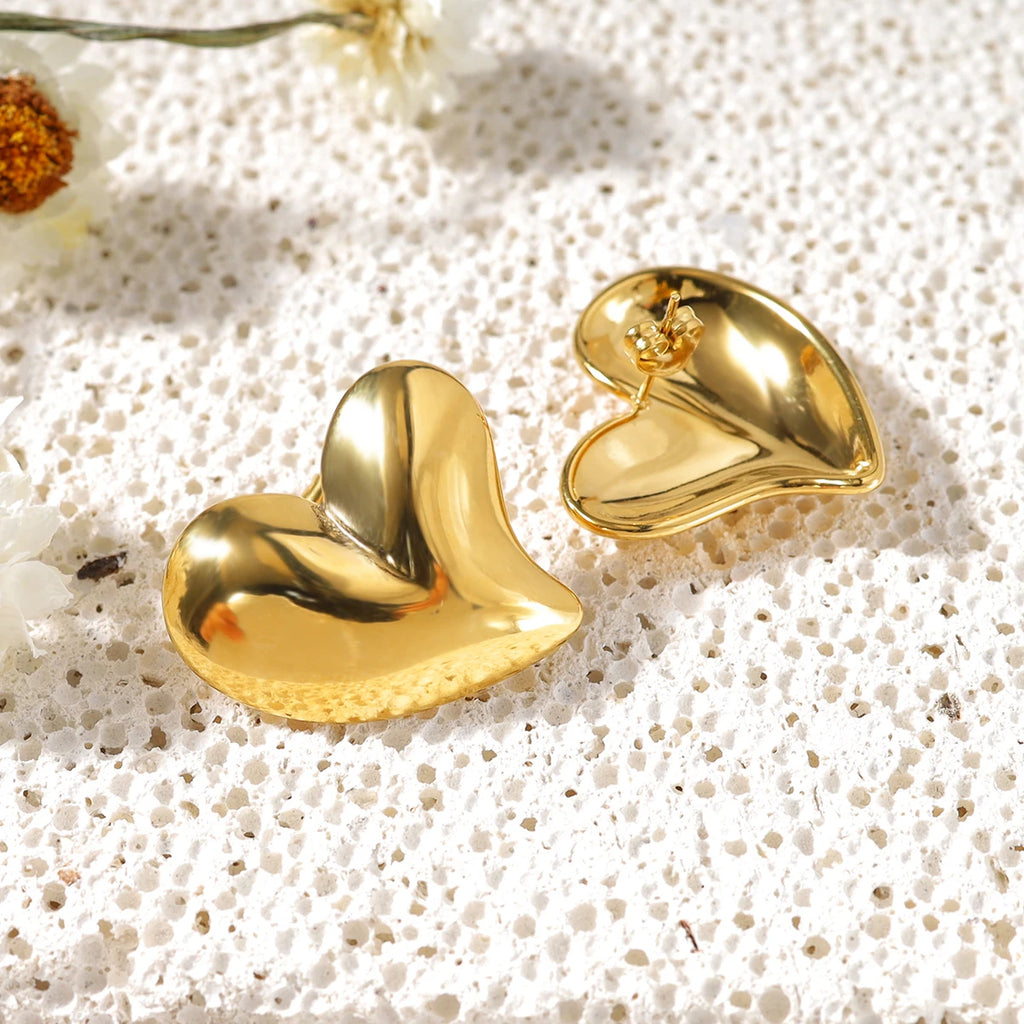 YACHAN Trendy Asymmetric Heart Stud Earrings for Women 18K Gold Plated Glossy Stainless Steel Jewelry