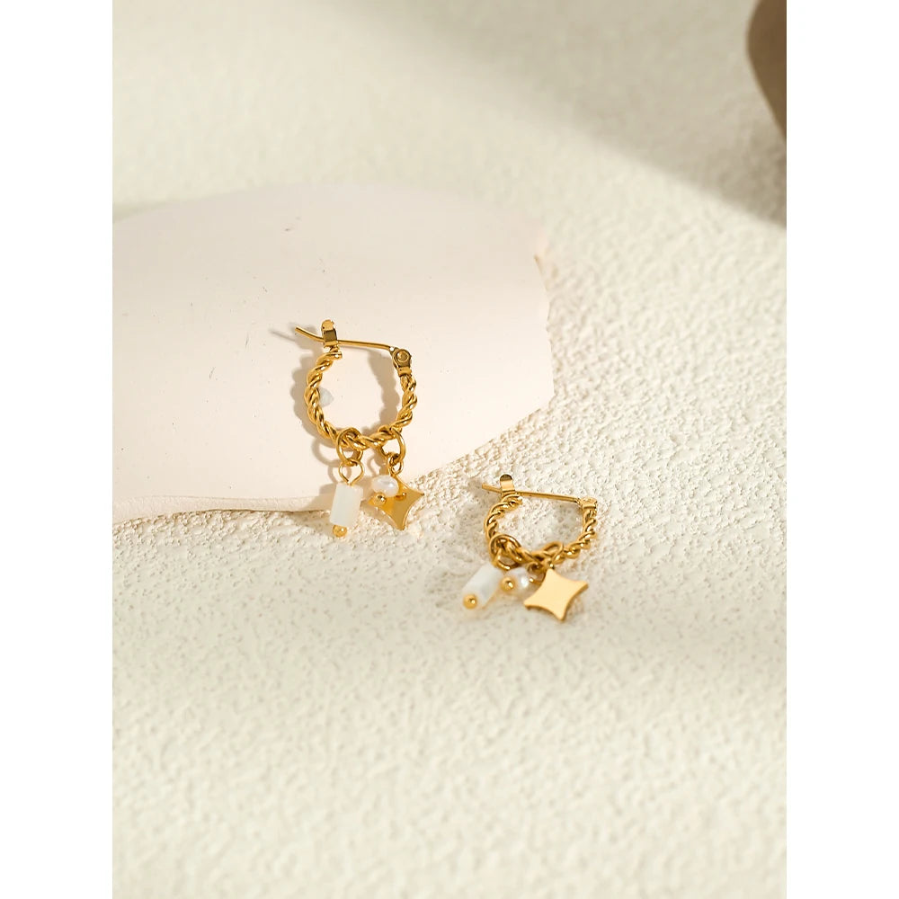 YACHAN 18K Gold Plated Stainless Steel Hoop Earrings for Women Pearl Shell Charms Trendy Jewelry Waterproof