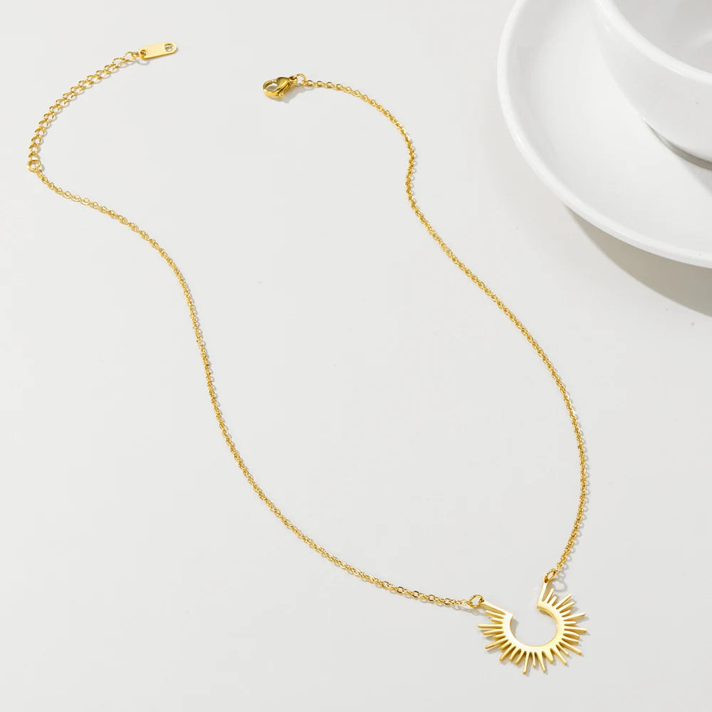 YACHAN Stainless Steel Chain Necklace for Woman Geometric Pendant Golden Half Circle Spiked Choker Necklaces Trendy Jewelry