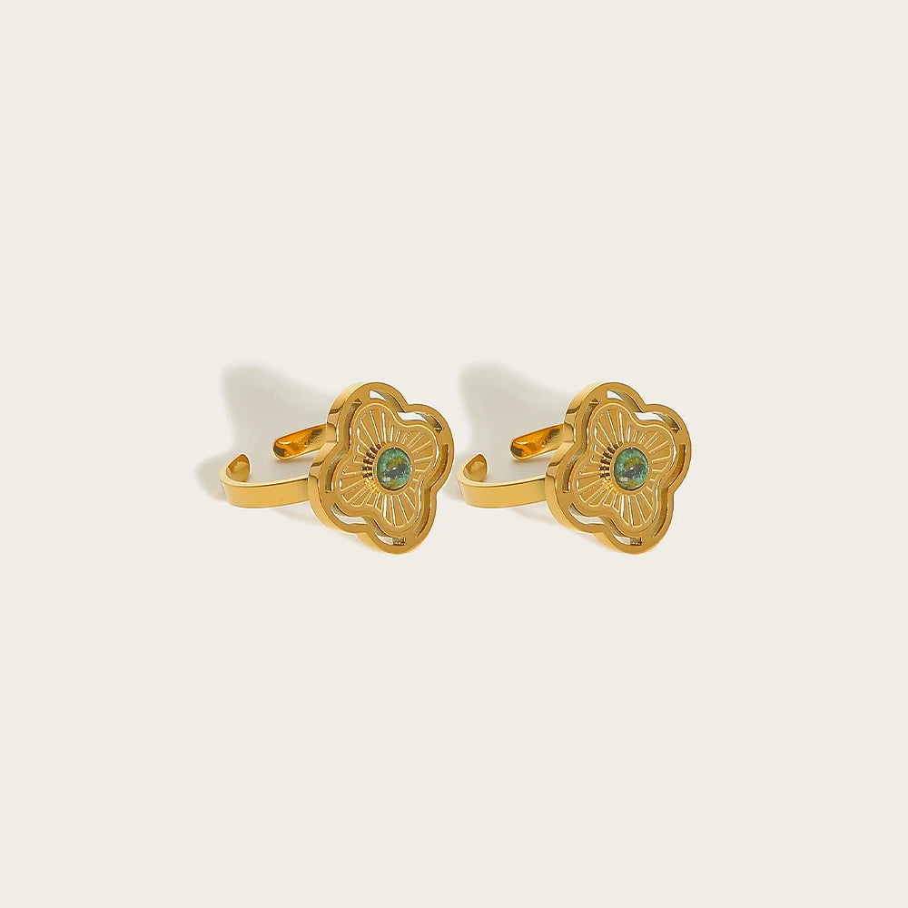 YACHAN Stainless Steel 18K Gold Plated Rings for Women Natural Stone Inlaid in Metal Texture Flowers Trendy Jewelry Gift