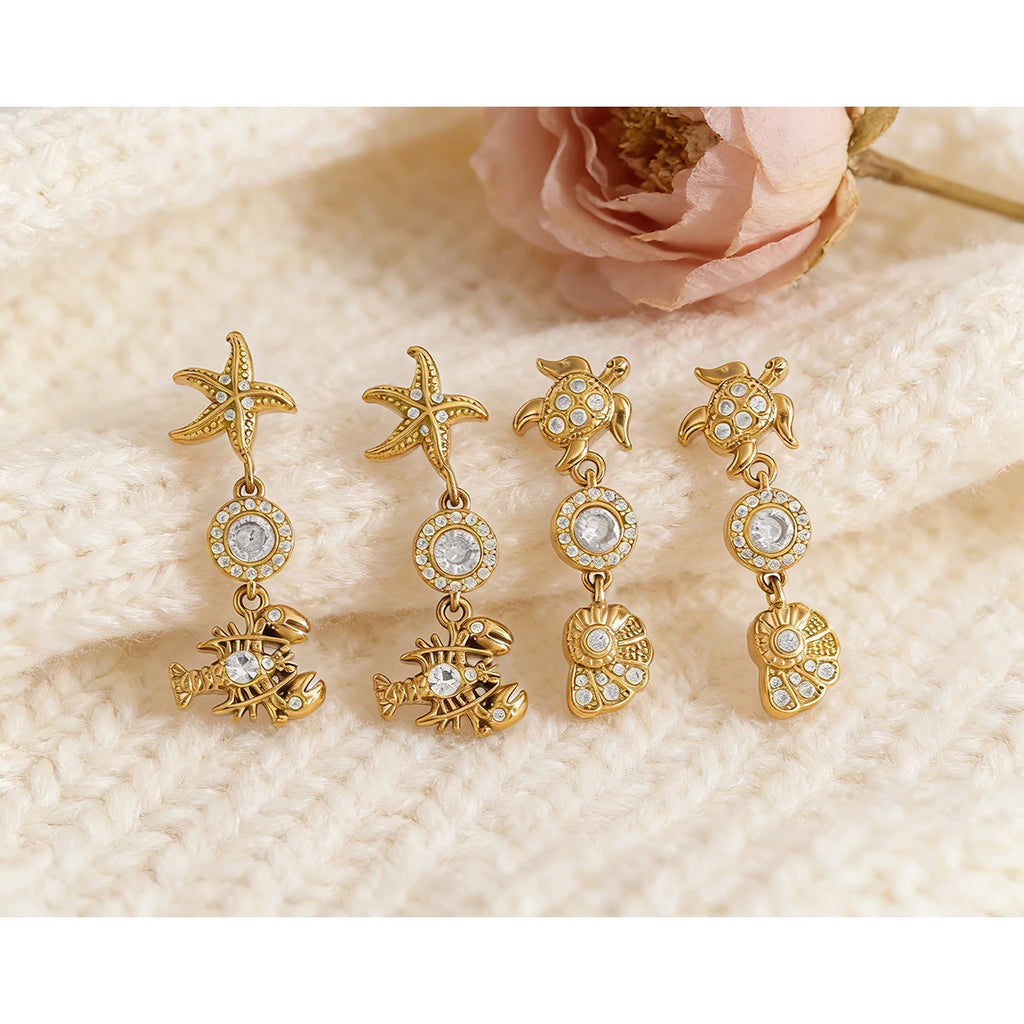 YACHAN 18K PVD Gold Plated Stainless Steel Dangle Earrings for Women Waterproof CZ Starfish Lobster Summer Ocean Beach Jewelry