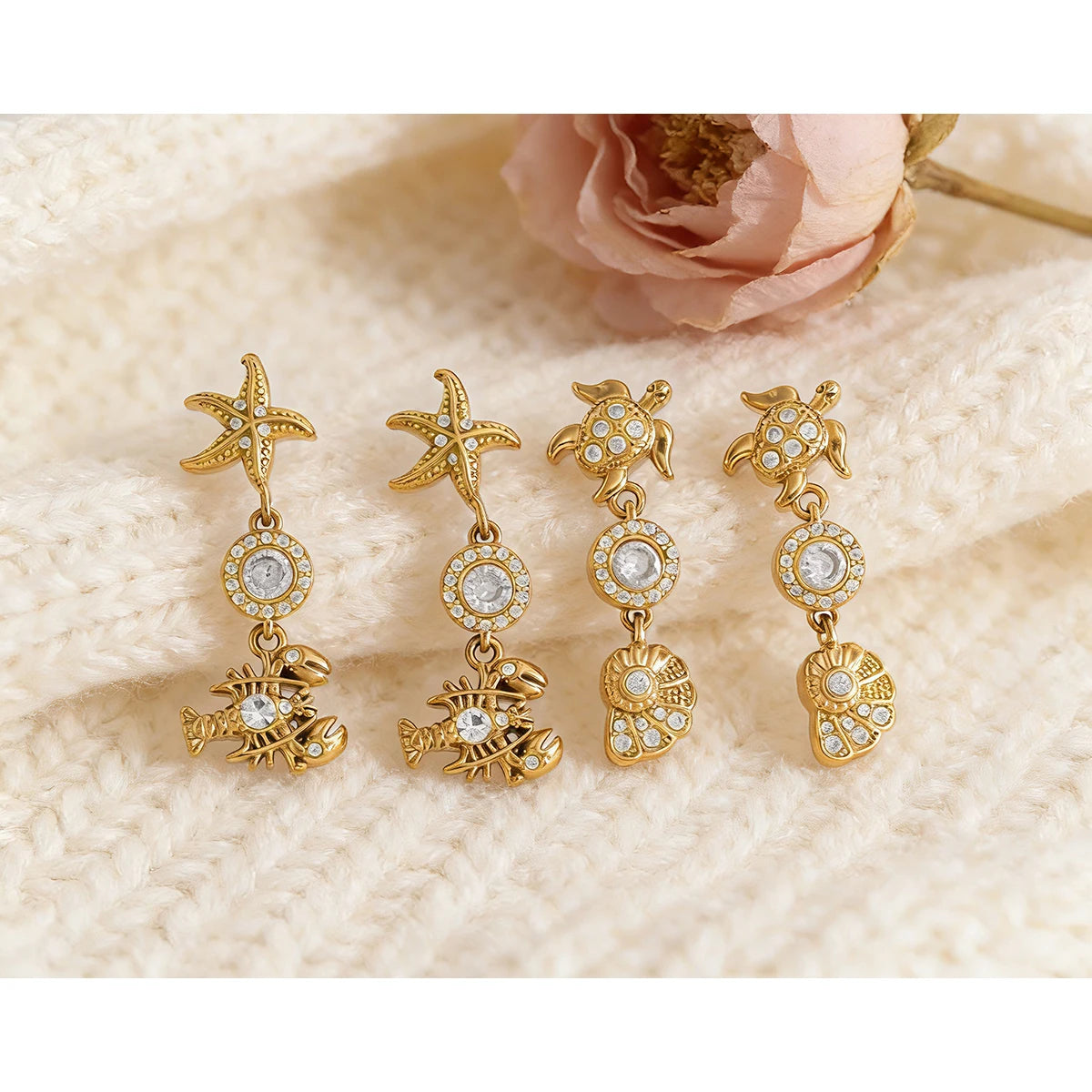 YACHAN 18K PVD Gold Plated Stainless Steel Dangle Earrings for Women Waterproof CZ Starfish Lobster Summer Ocean Beach Jewelry