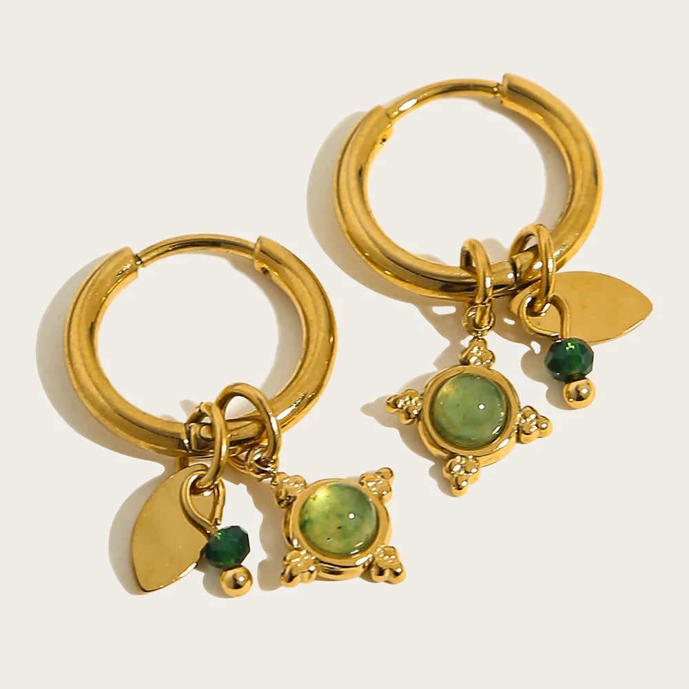 YACHAN 18K Gold Plated Stainless Steel Hoop Earrings for Women Metal Irregular Texture Natural Stone Charms Trendy Jewelry