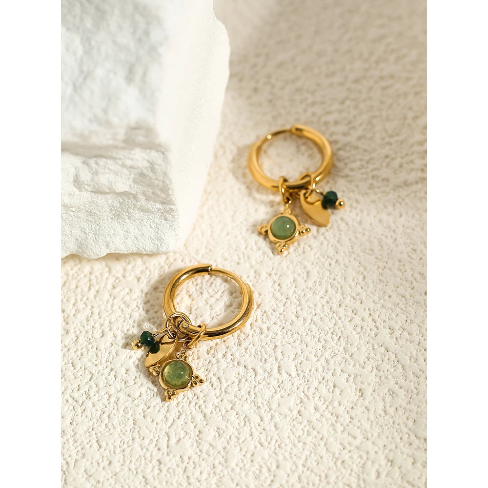 YACHAN 18K Gold Plated Stainless Steel Hoop Earrings for Women Luxury Green Natural Stone Charms Aesthetic Jewelry