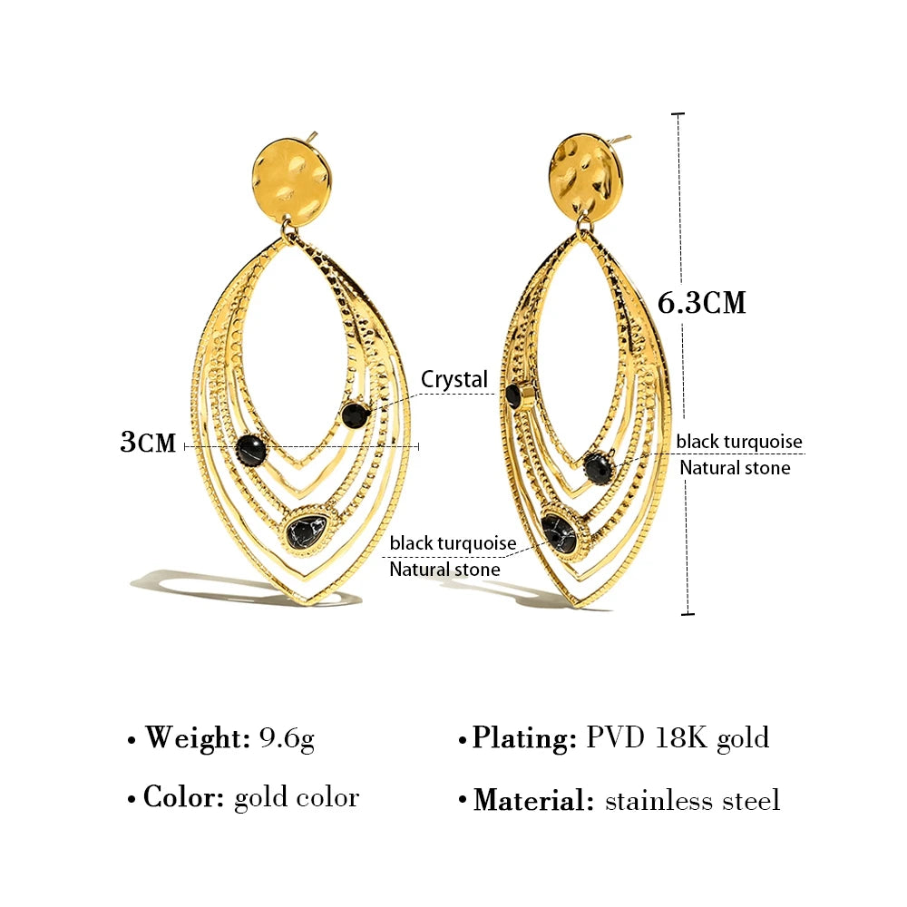 YACHAN Luxury Black Natural Stone Stainless Steel Drop Earrings for Women 18K Gold Plated Dangle Earrings Aesthetic Jewelry