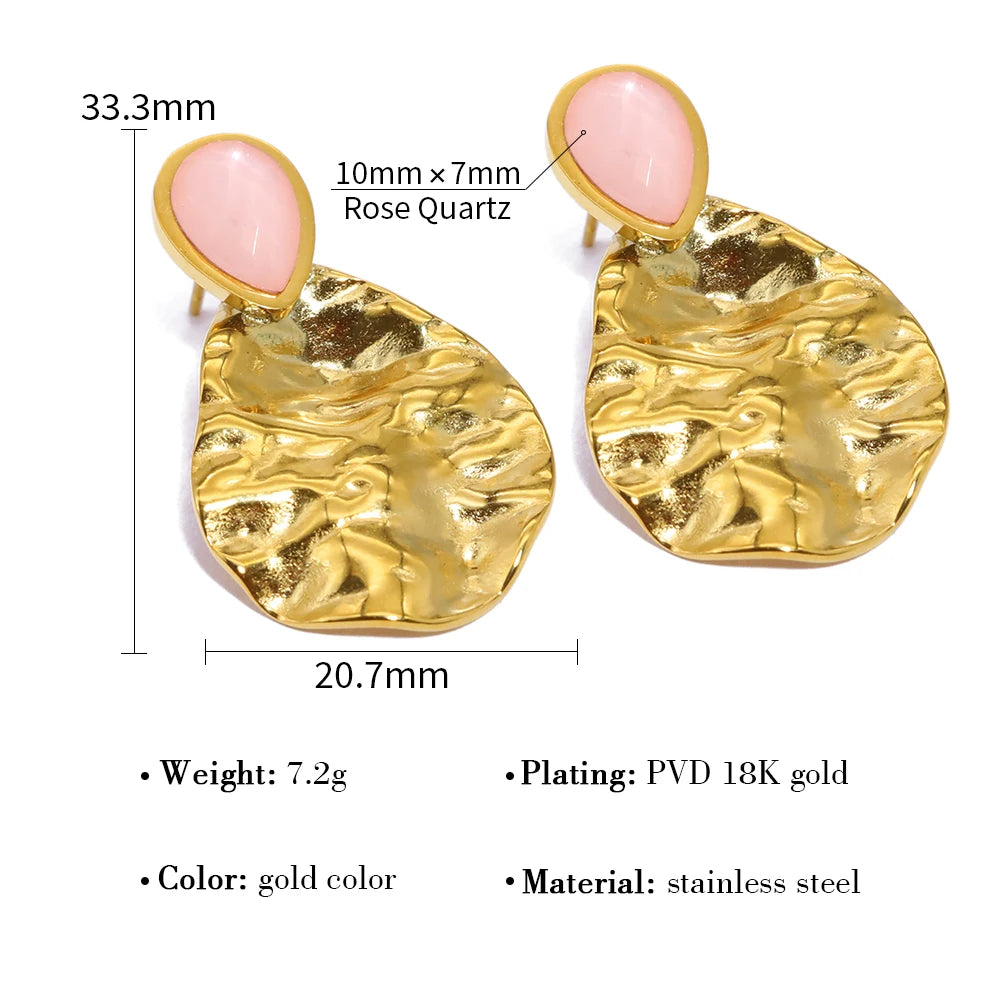 YACHAN 18K Gold Plated Irregular Stainless Steel Drop Earrings for Women Vintage Luxury Pink Natural Stone Exquisite Jewelry