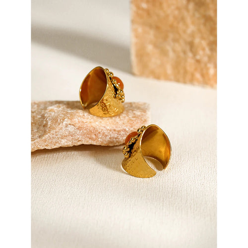 YACHAN 18K Gold Plated Stainless Steel Wide Ring for Women Luxury Orange Stone Metal Texture Trendy Aesthetic Jewelry