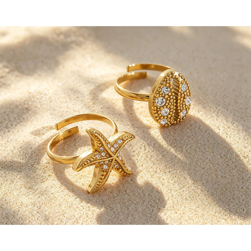 YACHAN 18K Gold Plated Starfish Rings for Women Waterproof Stainless Steel Adjustable Open Ring Ocean Beach Trendy Jewelry