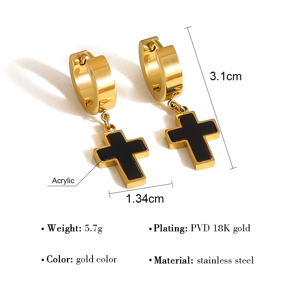 YACHAN Classic Cross Stainless Steel Drop Earrings for Women Black Acrylic Charm Huggie Earring Faith Jewelry Waterproof