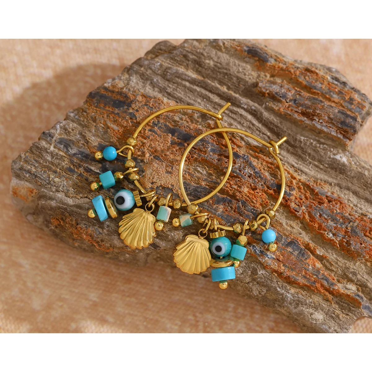 YACHAN Vintage Blue Stone Stainless Steel Hoop Earrings for Women Chic Charms Exquisite 18K Gold Plated Jewelry