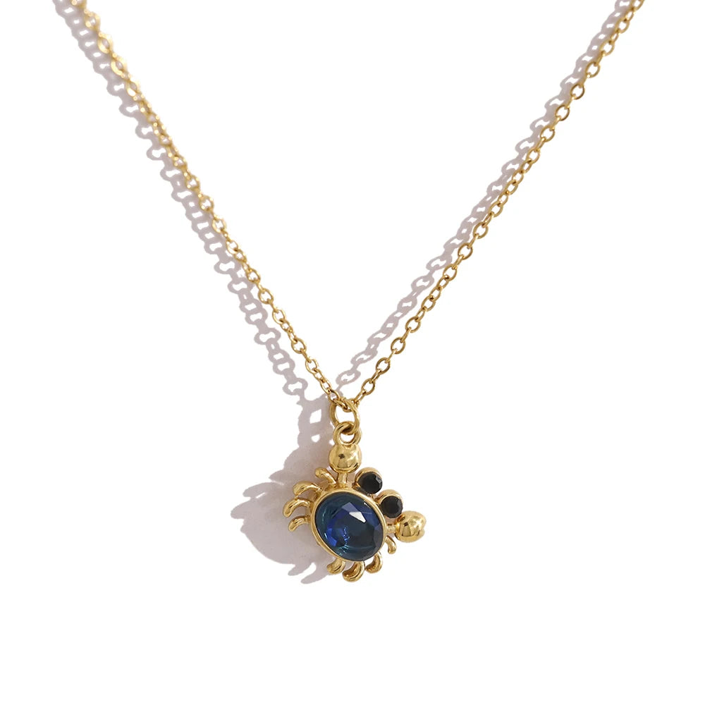 YACHAN 18K Gold Plated Stainless Steel Cute Crab Pendant Necklace for Women Blue CZ Ocean Animal Jewelry Waterproof