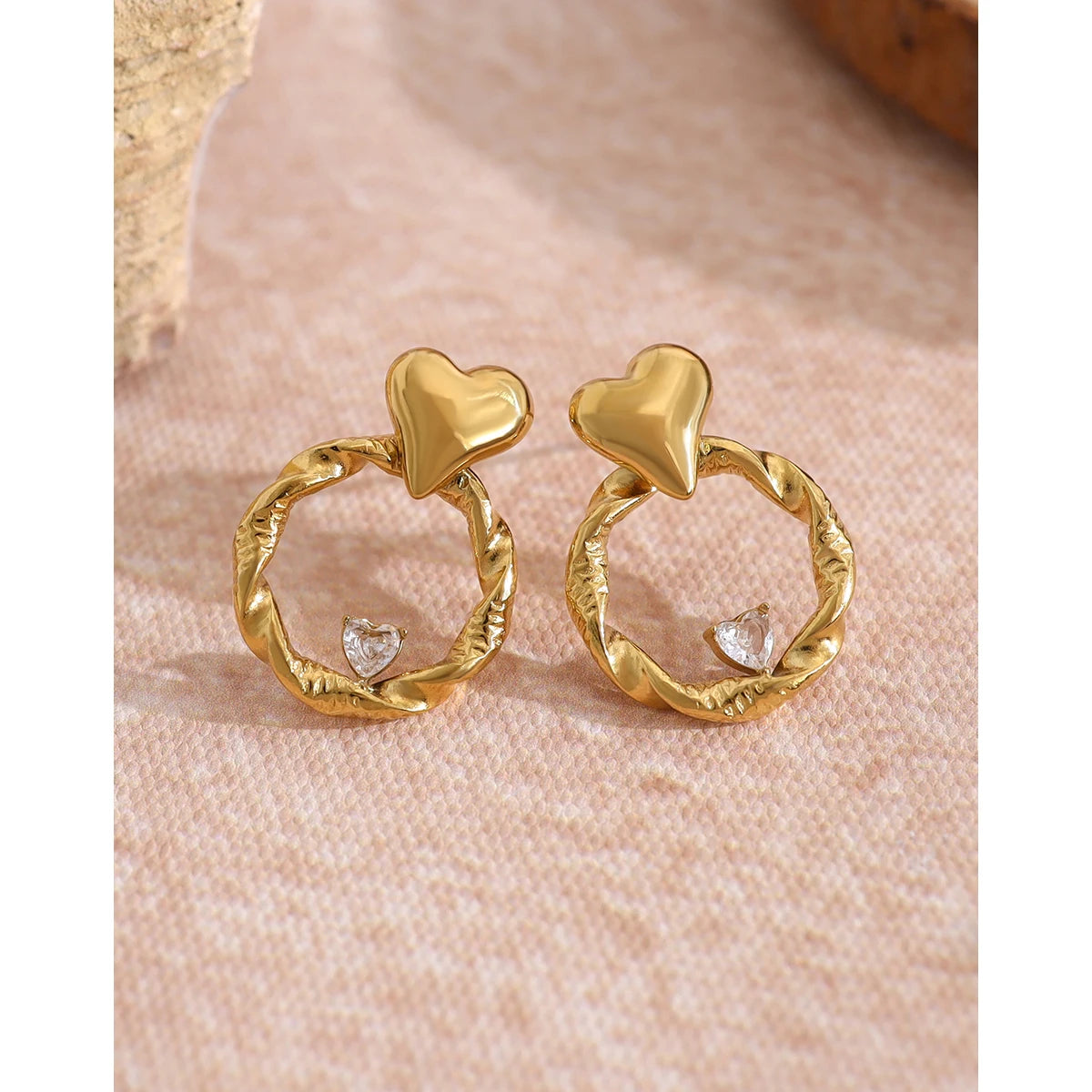 YACHAN Trendy Heart Crystal Stainless Steel Stud Earrings for Women Exquisite Chic Irregular 18K Gold Plated Jewelry