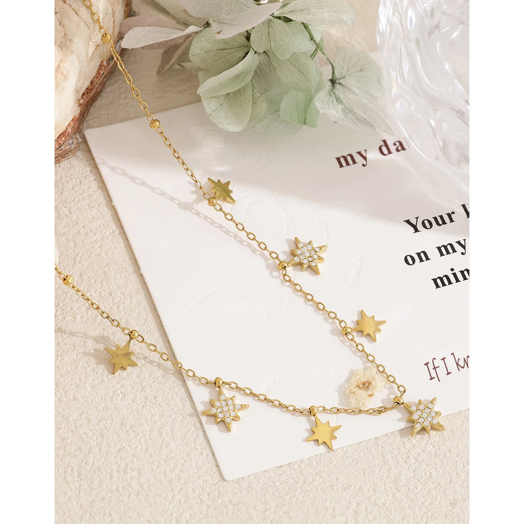 YACHAN 18K Gold Plated Stainless Steel North Star Pendant Necklace for Women Shiny Clavicle Chain Choker Tarnish Free Jewelry