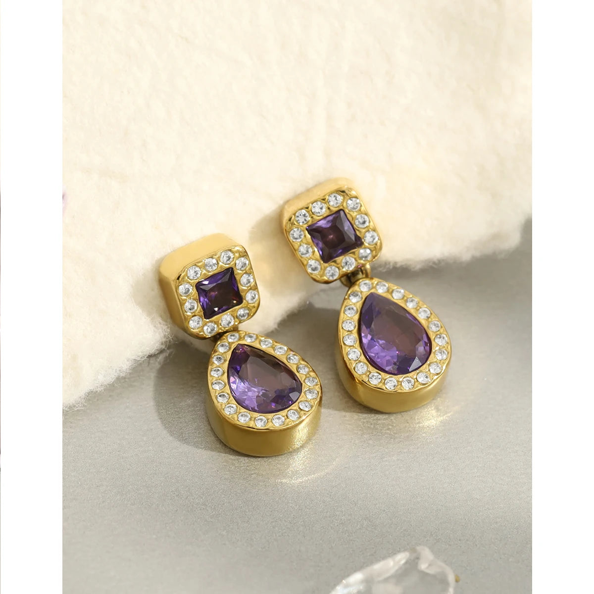 YACHAN 18K Gold Plated Luxury Stainless Steel Drop Earrings for Women Chic Purple Crystal Dangle Earring Trendy Jewelry