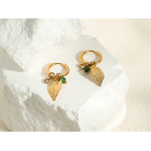 YACHAN 18K Gold Plated Stainless Steel Hoop Earrings for Women Metal Leaf Crystal Pendants Earring Waterproof Jewelry