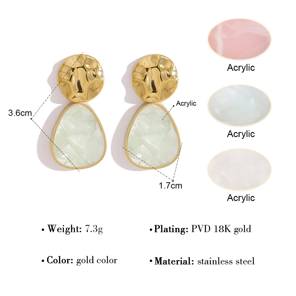 YACHAN 18K Gold Plated Stainless Steel Drop Earrings for Women Irregular Hammered Metal Acrylic Dangle Earring Trendy Jewelry