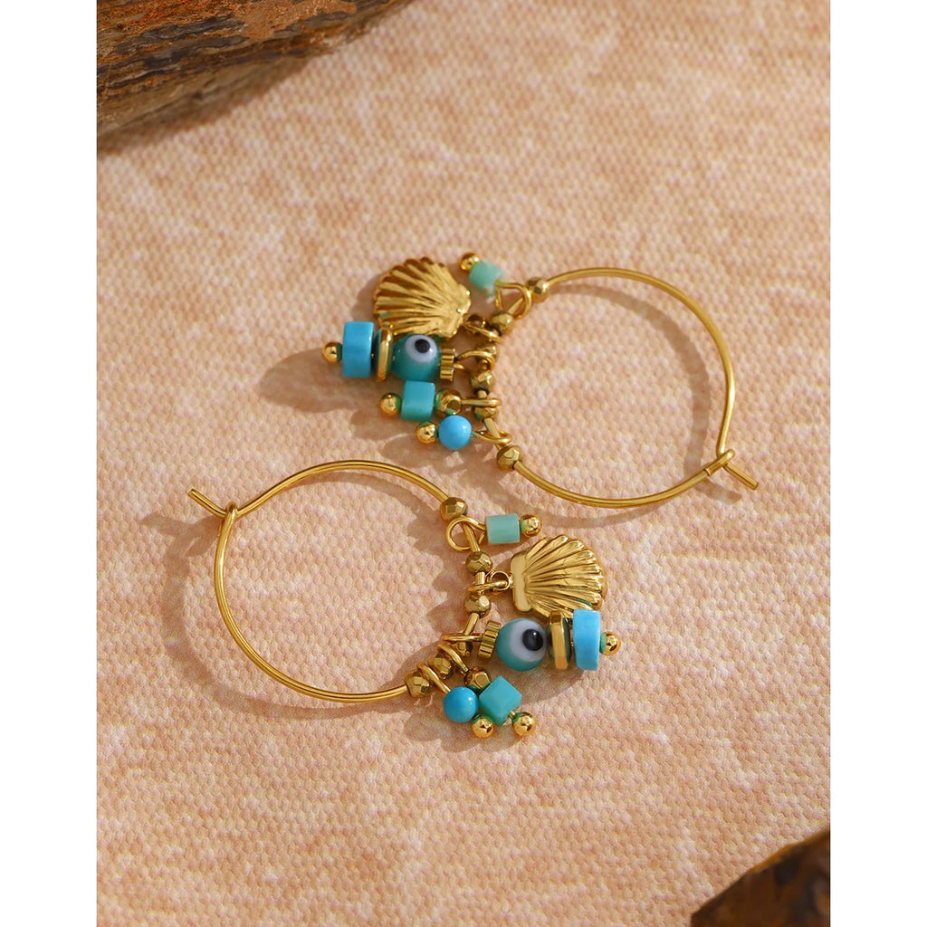 YACHAN Vintage Blue Stone Stainless Steel Hoop Earrings for Women Chic Charms Exquisite 18K Gold Plated Jewelry