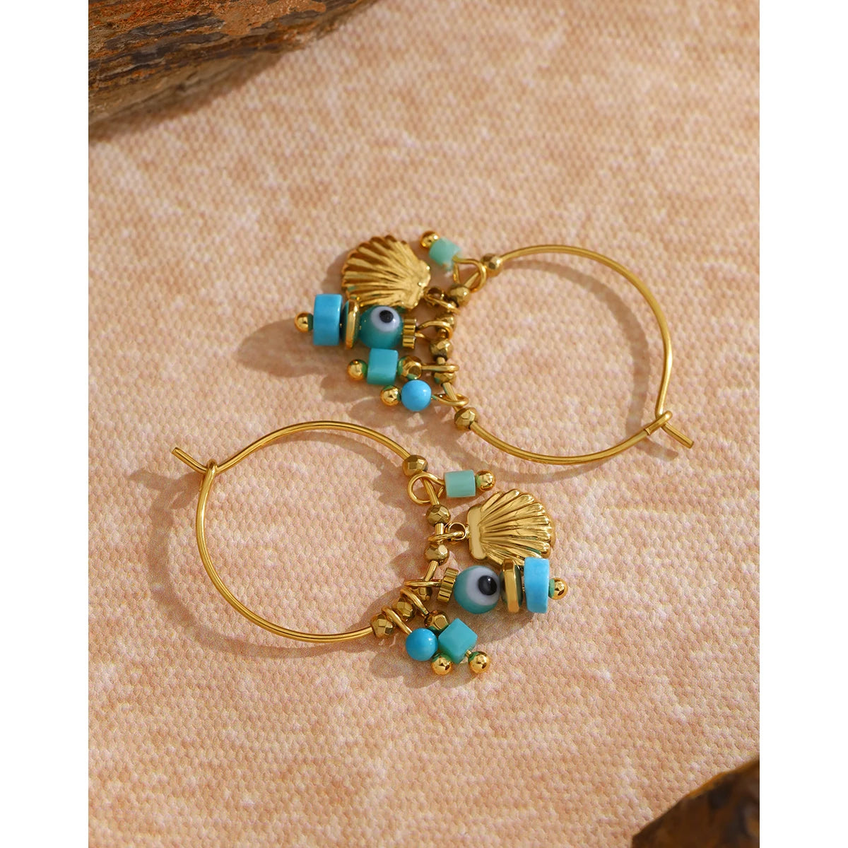 YACHAN Vintage Blue Stone Stainless Steel Hoop Earrings for Women Chic Charms Exquisite 18K Gold Plated Jewelry