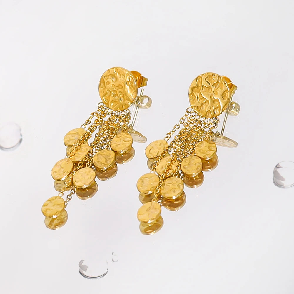 YACHAN 18K Gold Plated Stainless Steel Drop Earrings for Women Irregular Hammered Texture Charms Trendy Waterproof Jewelry
