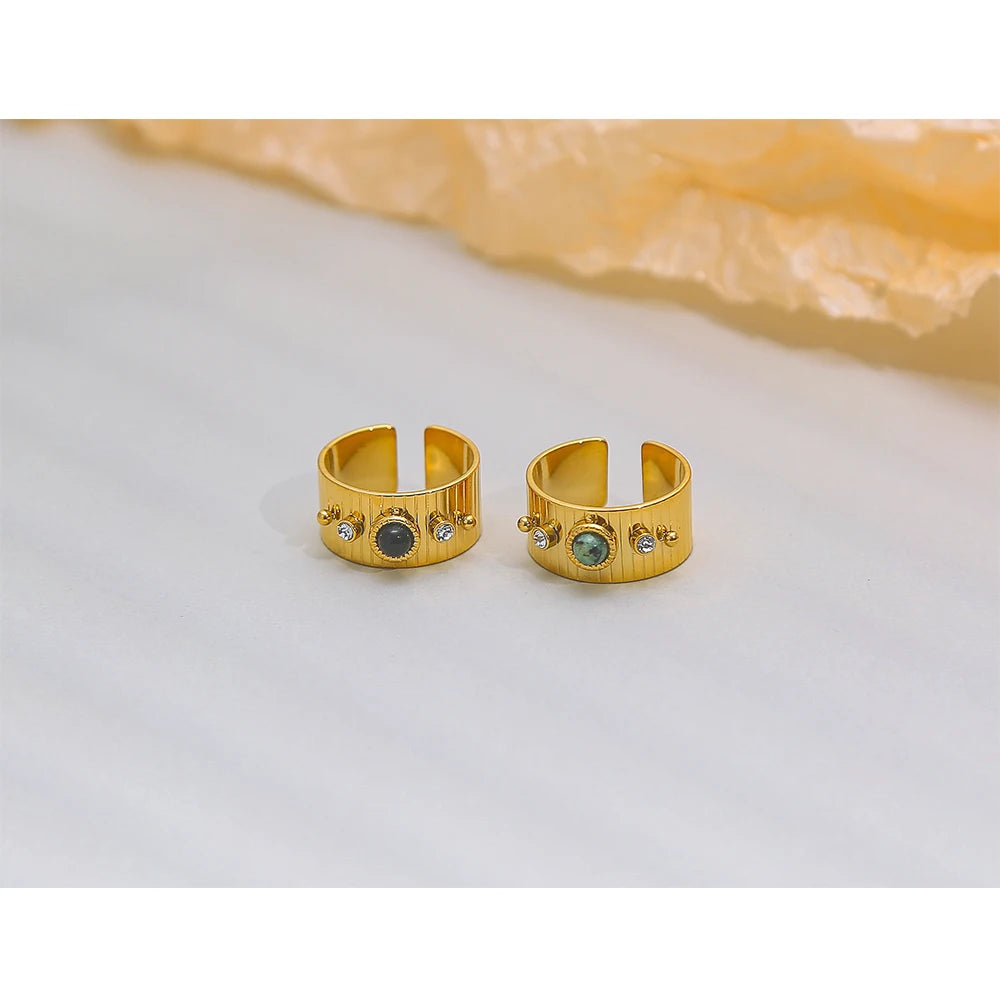 YACHAN Stainless Steel 18 K Gold Plated Wide Rings for Women Green Natural Stone Crystal Finger Open Ring Trendy Jewelry Gift