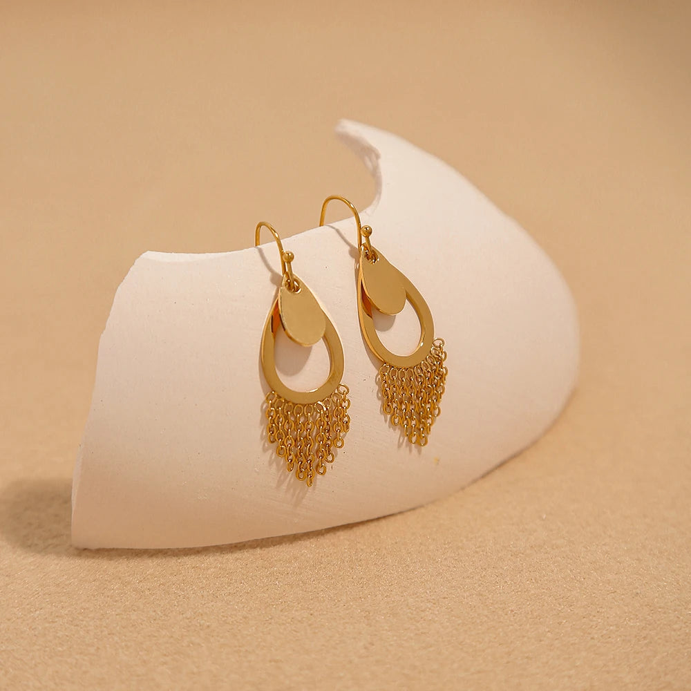 YACHAN 18K Gold Plated Stainless Steel Water Drop Earrings for Women Elegant Chains Tassel Dangle Earring Trendy Jewelry Gift