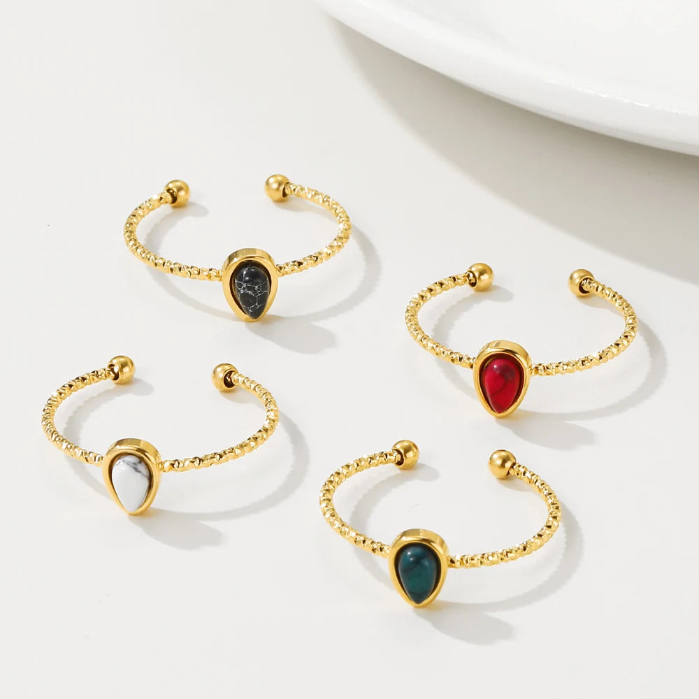 YACHAN Stainless Steel Ring for Women Turquoise Natural Stone Open Adjustable Water Drops 18K Gold PVD Plated Trendy Jewelry