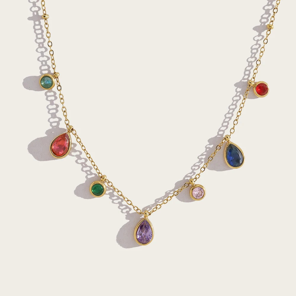 YACHAN Colorful Zircon Crystal Charm Stainless Steel Necklace for Women Chic Luxury Vintage 18K Gold Plated Jewelry