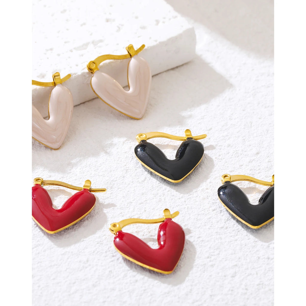 YACHAN New in Stainless Steel Heart Hoop Earrings for Women Pink Black Red Enamel Vintage Chic Waterproof Jewelry