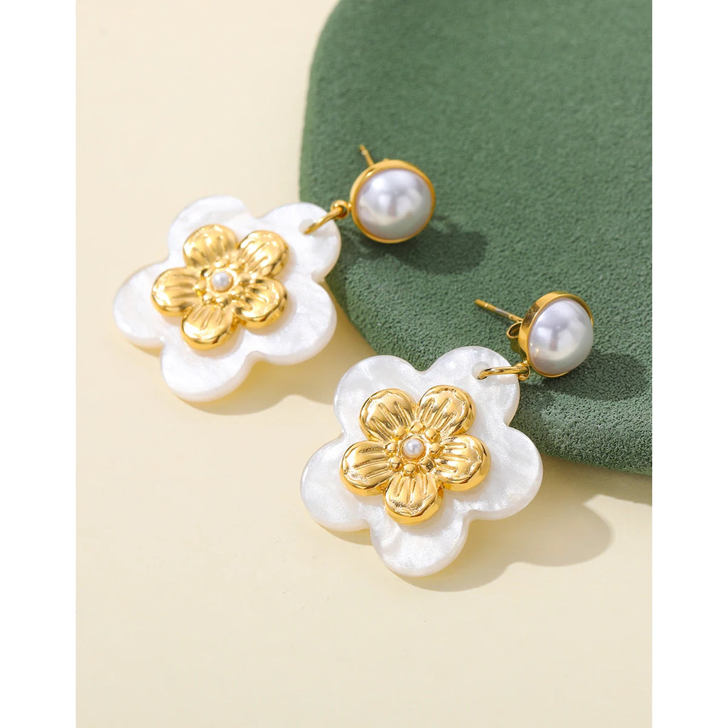 YACHAN New in 18K Gold Plated Stainless Steel Drop Earrings for Women Acrylic Flower Pearl Luxury Jewelry Waterproof