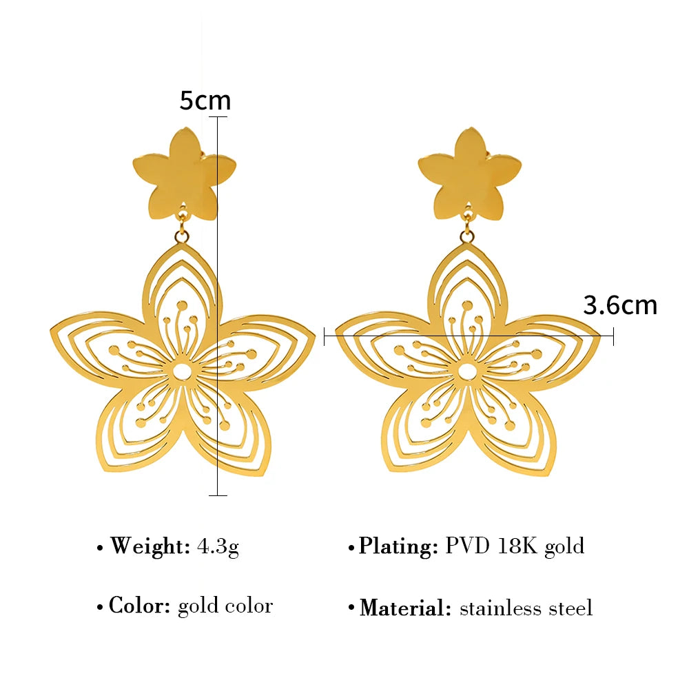 YACHAN PVD 18K Gold Plated Stainless Steel Drop Earrings for Women Vintage Flower Hollow Chic Dangle Earring Jewelry
