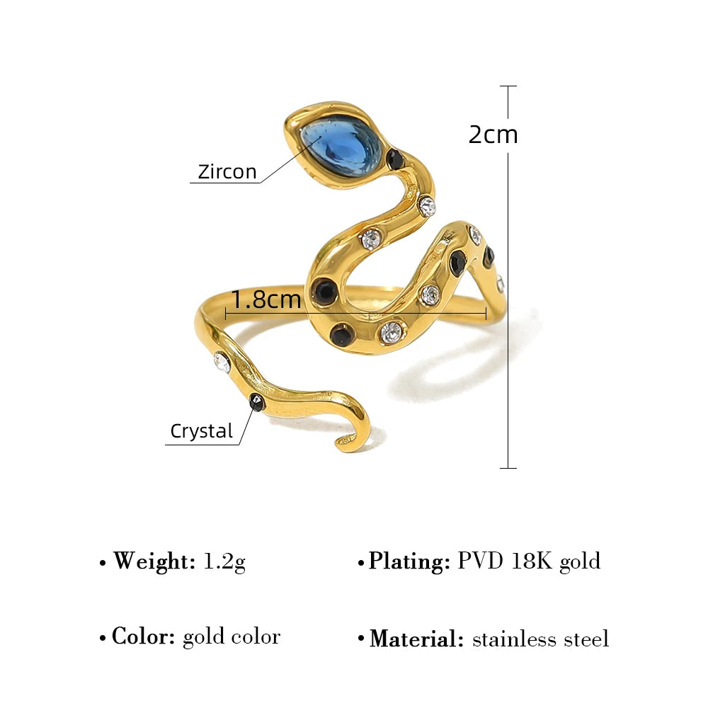 YACHAN Trendy Stainless Steel Snake Rings for Women Chic Exquisite Zircon Crystal Luxury Tarnish Free 18K Gold Plated Jewelry
