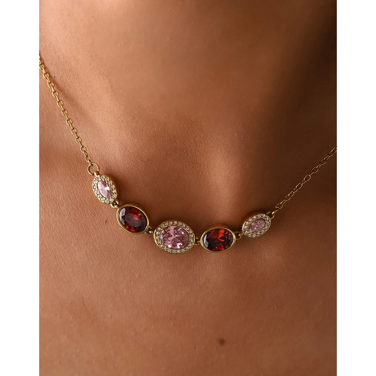 YACHAN Luxury Purple Zircon Crystal Stainless Steel Necklaces for Women Chic Vintage 18K Gold Plated Trendy Waterproof Jewelry