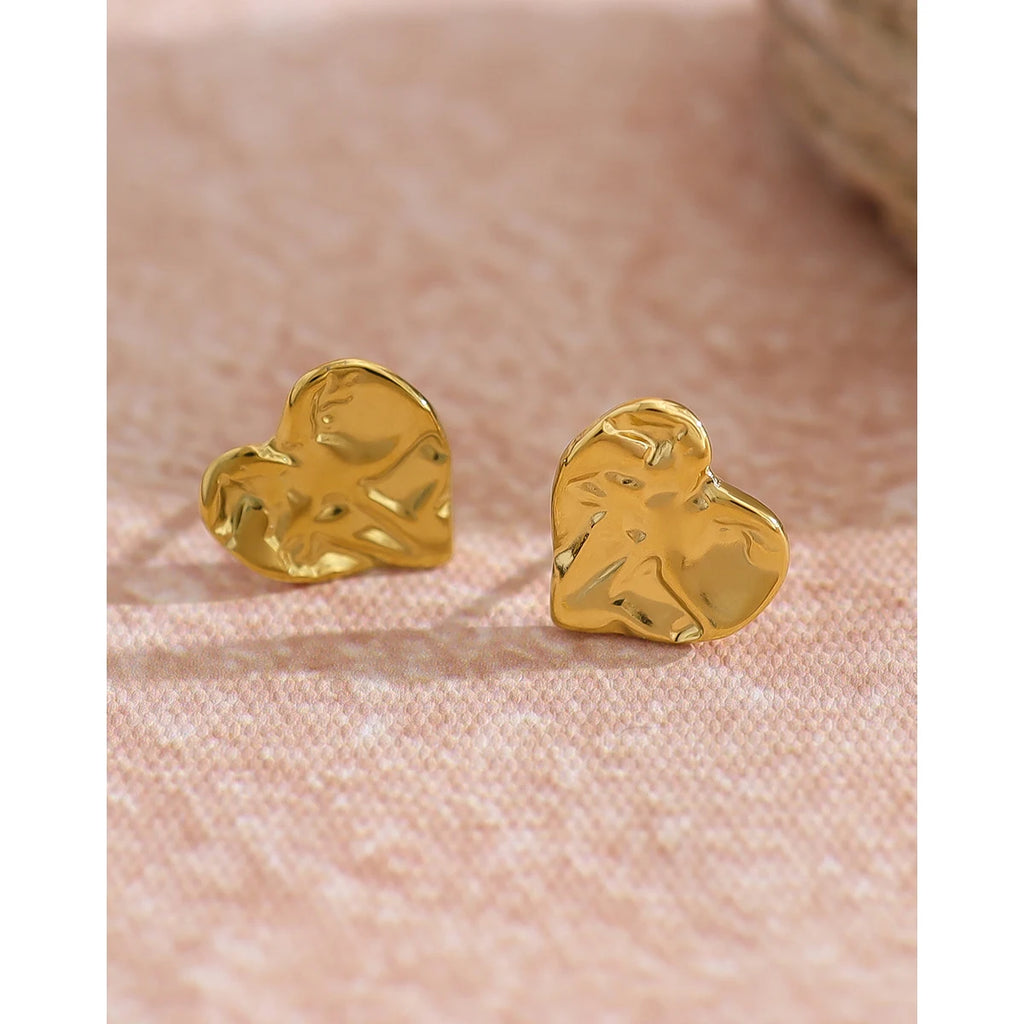 YACHAN Stainless Steel Love Heart Stud Earrings for Women Irregular Metal Texture Trendy Vintage Waterproof Jewelry
