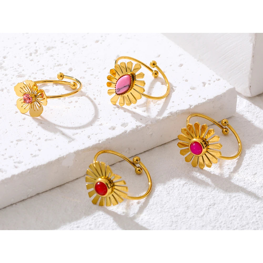 YACHAN Luxury Pink Natural Stone Stainless Steel Rings for Women Geometric Heart Flower Charming Chic Jewelry